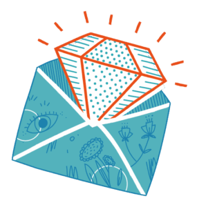 Türkisfarbener Briefumschlag in dem sich ein funkelnder Diamant befindet. 