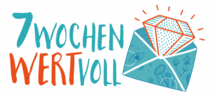 Logo der 7 Wochenaktion "7Wochen WERTvoll" rechts daneben befindet sich ein geöffneter Briefumschlag in dem sich ein funkelnder Diamant befindet. 